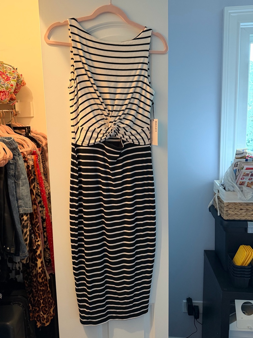 Bailey 44 Black & White Striped Midi Dress with Front Knot